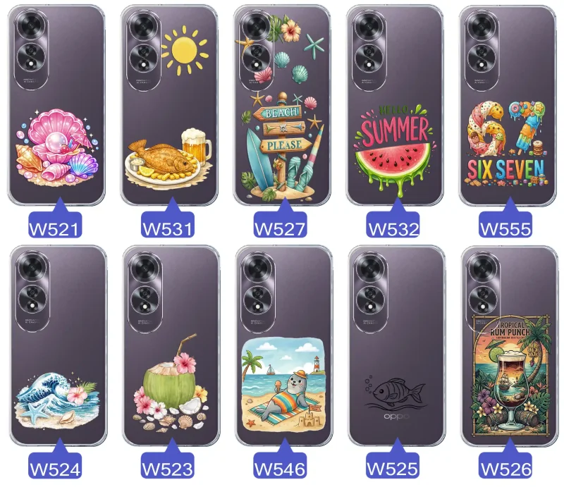 Różne wzory etui wakacyjnych do Oppo A60 4G z grafikami muszelek, ryby, plaży, arbuza, lodów, foki, kokosa i tropikalnego drinka