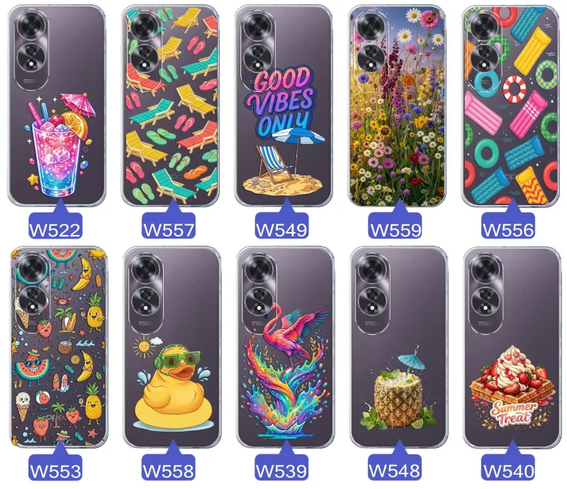 Zestaw przezroczystych etui do Oppo A60 4G z wakacyjnymi motywami drinka, leżaków, napisu good vibes, kwiatów, flaminga, ananasa i deseru