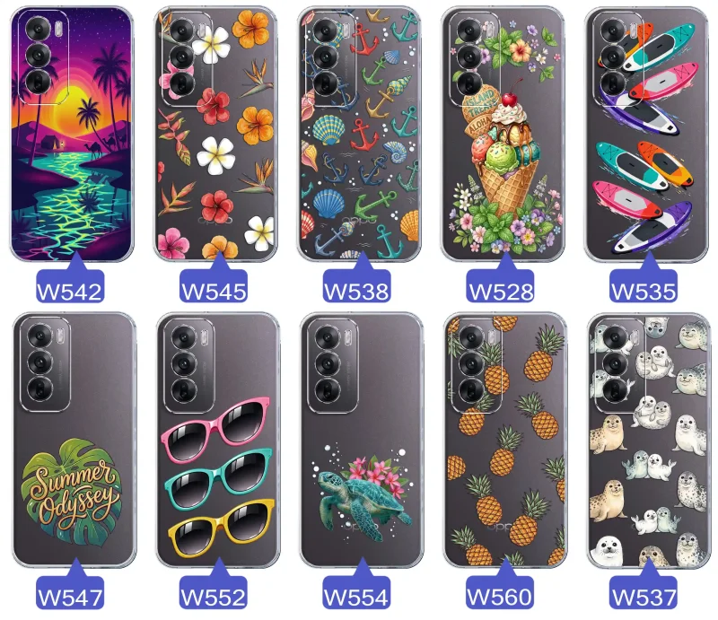 Kolekcja wakacyjnych wzorów etui do Oppo Reno 12 5G: palmy, kwiaty, kotwice, lody, deski surfingowe, ananasy i foki