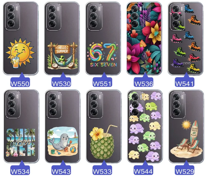 Kolekcja letnich wzorów etui do Oppo Reno 12 5G z motywami słońca, żółwia, six seven, tropikalnych kwiatów, rolek, plaży i kokosa