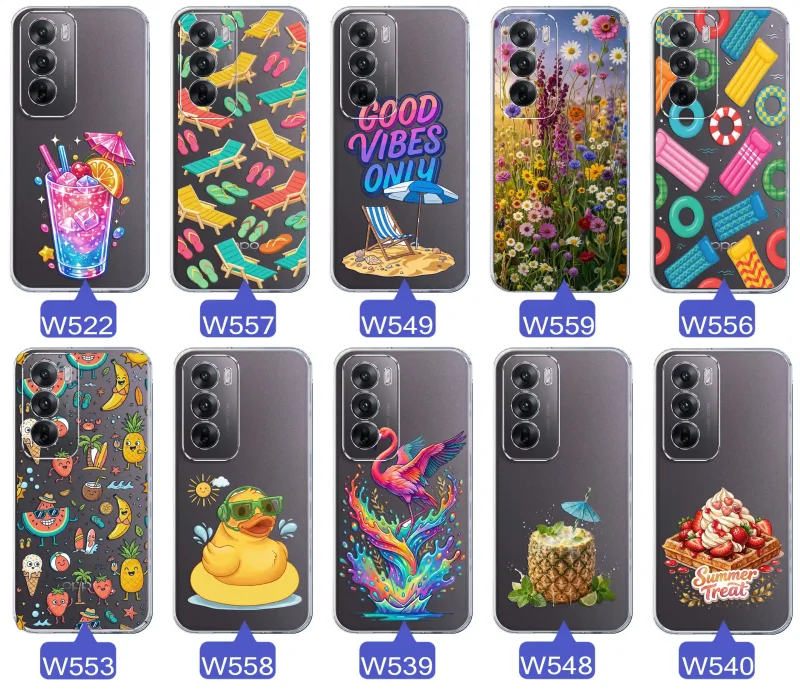 Zestaw przezroczystych etui do Oppo Reno 12 5G z wakacyjnymi motywami drinka, leżaków, napisu good vibes, kwiatów, flaminga, ananasa i deseru