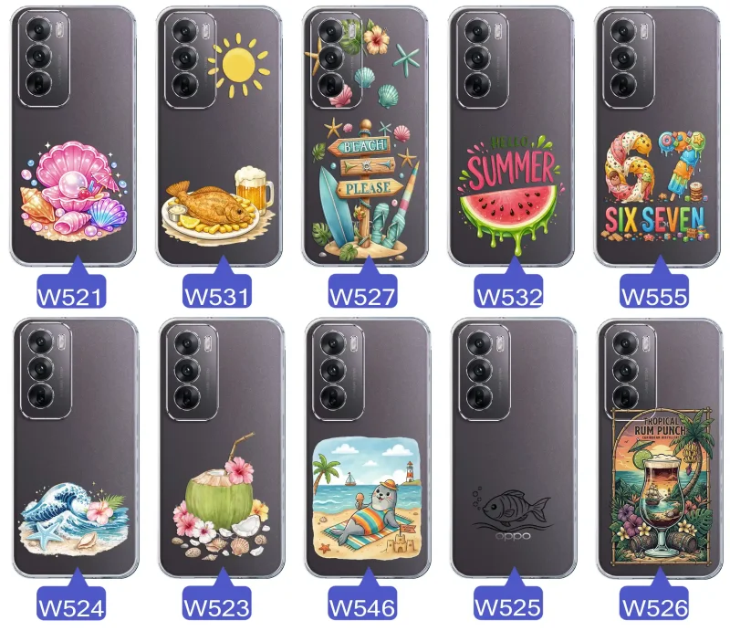 Różne wzory etui wakacyjnych do Oppo Reno 12 Pro 5G z grafikami muszelek, ryby, plaży, arbuza, lodów, foki, kokosa i tropikalnego drinka