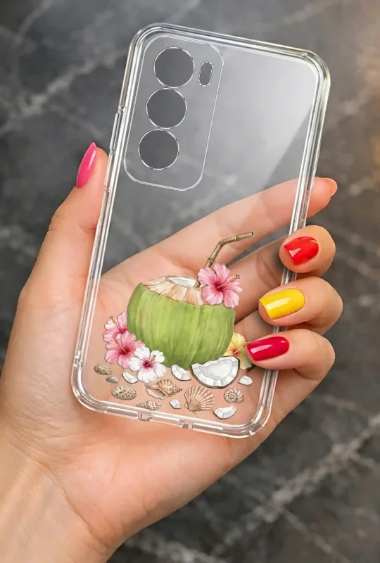 Przezroczyste etui letnie do Oppo Reno 12 Pro 5G z nadrukiem kokosa i plażowych muszelek, prezentowane w dłoni