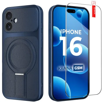 Etui do iPhone 16 Magsafe skórzane granatowe ze szkłem