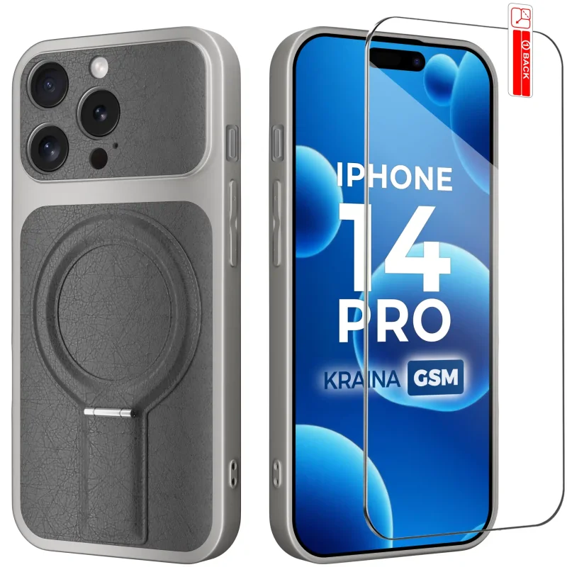 Etui MagSafe do iPhone 14 Pro szare ze skórzanym wykończeniem i szkłem hartowanym 9H w zestawie