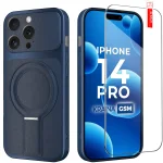 Etui do iPhone 14 Pro Magsafe skórzane granatowe ze szkłem