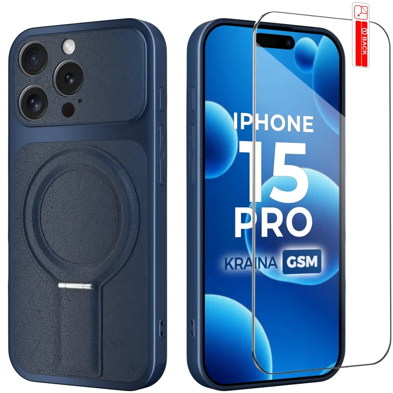Granatowe etui MagSafe do iPhone 15 Pro ze skórzanym wykończeniem i szkłem hartowanym 9H w zestawie