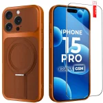 Etui do iPhone 15 Pro Magsafe skórzane pomarańczowe ze szkłem