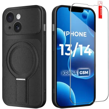Etui do iPhone 13 / 14 Magsafe skórzane czarne ze szkłem