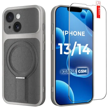 Etui do iPhone 13 / 14 Magsafe skórzane szare ze szkłem