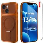 Etui do iPhone 13 / 14 Magsafe skórzane pomarańczowe ze szkłem