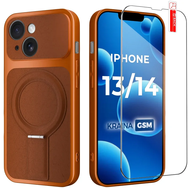 Pomarańczowe etui MagSafe do iPhone 13 / 14 ze skórzanym wykończeniem i szkłem hartowanym 9H w zestawie
