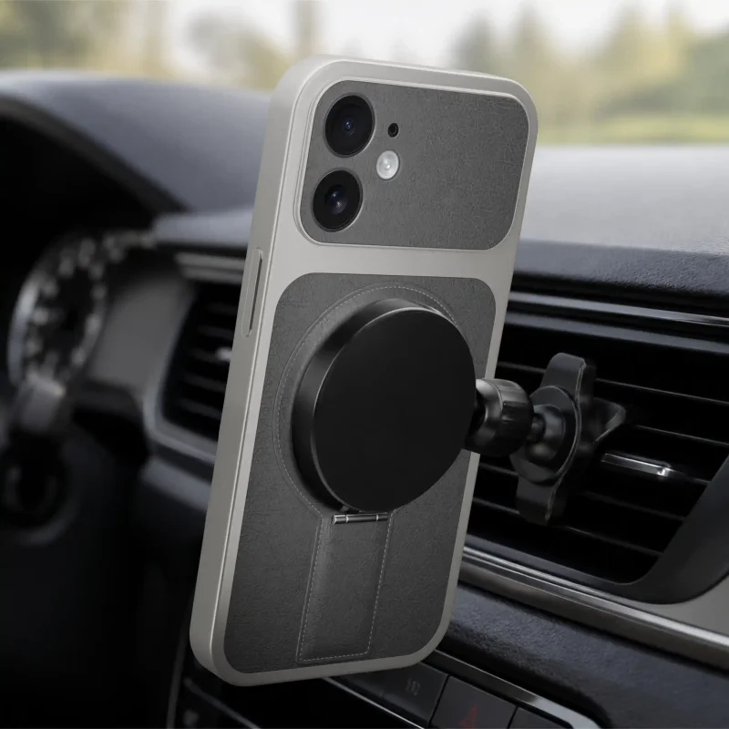 Szare skórzane etui MagSafe do iPhone 11 kompatybilne z uchwytem samochodowym