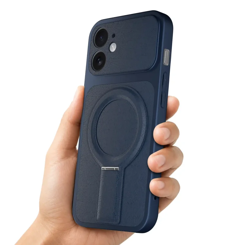 Granatowe etui magnetyczne do iPhone 11 prezentowane w dłoni