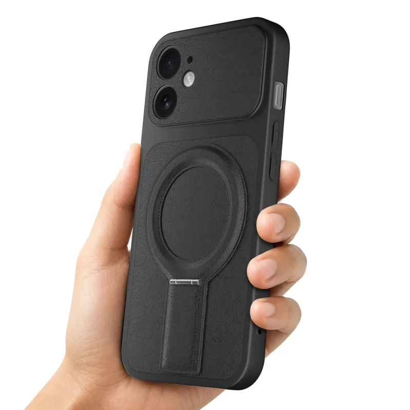 Czarne etui magnetyczne do iPhone 12 prezentowane w dłoni