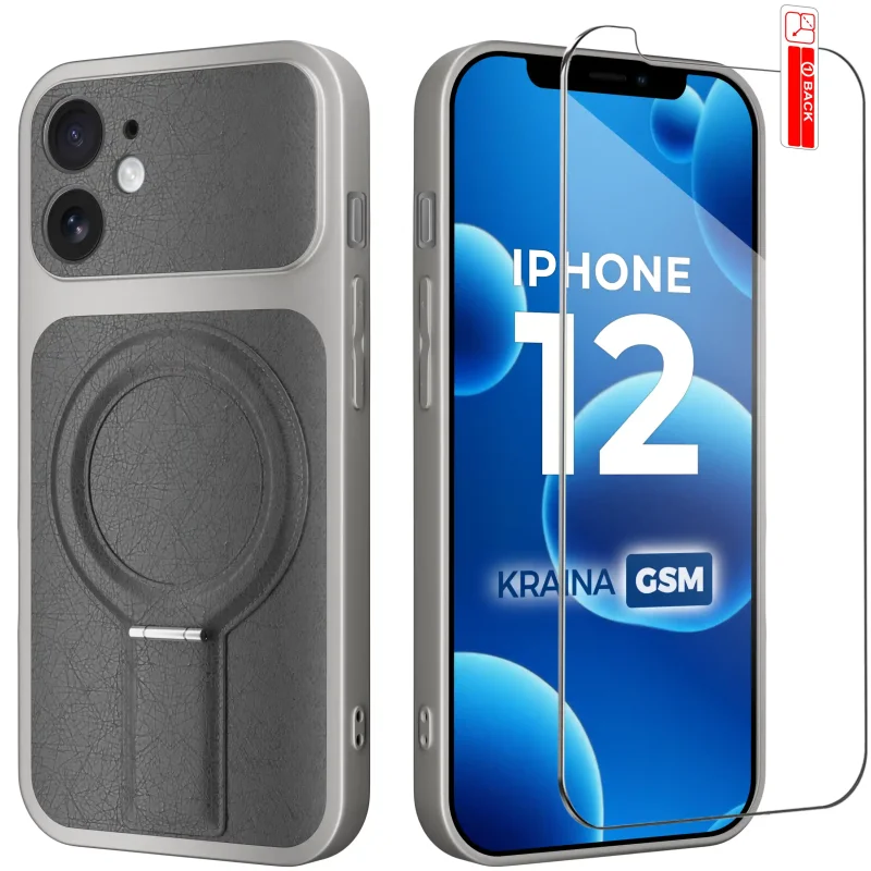 Szare etui MagSafe do iPhone 12 ze skórzanym wykończeniem i szkłem hartowanym 9H w zestawie