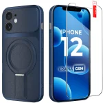 Etui do iPhone 12 Magsafe skórzane granatowe ze szkłem