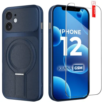 Etui do iPhone 12 Magsafe skórzane granatowe ze szkłem