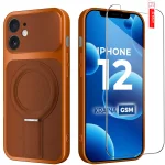 Etui do iPhone 12 Magsafe skórzane pomarańczowe ze szkłem