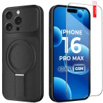 Etui do iPhone 16 Pro Max Magsafe skórzane czarne ze szkłem