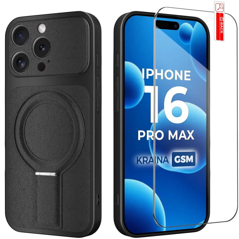 Etui MagSafe do iPhone 16 Pro Max ze skórzanym wykończeniem i szkłem hartowanym 9H w zestawie