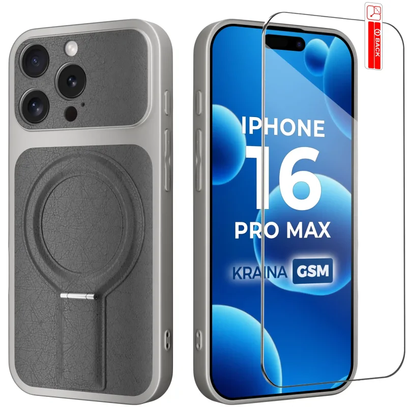 Szare etui MagSafe do iPhone 16 Pro Max ze skórzanym wykończeniem i szkłem hartowanym 9H w zestawie