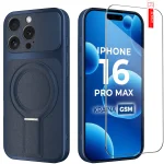 Etui do iPhone 16 Pro Max Magsafe skórzane granatowe ze szkłem
