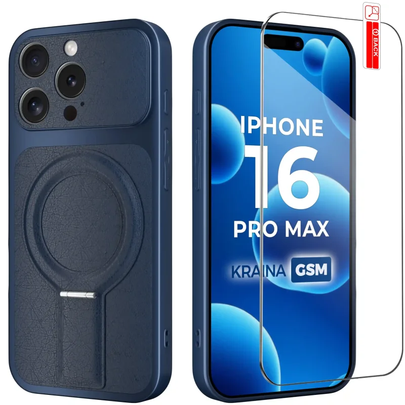 Granatowe etui MagSafe do iPhone 16 Pro Max ze skórzanym wykończeniem i szkłem hartowanym 9H w zestawie