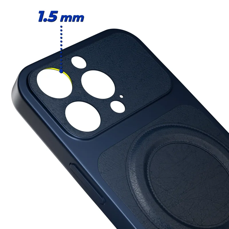 Podwyższony rant 1,5 mm wokół aparatów w granatowym etui MagSafe do iPhone 16 Pro Max
