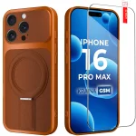 Etui do iPhone 16 Pro Max Magsafe skórzane pomarańczowe ze szkłem