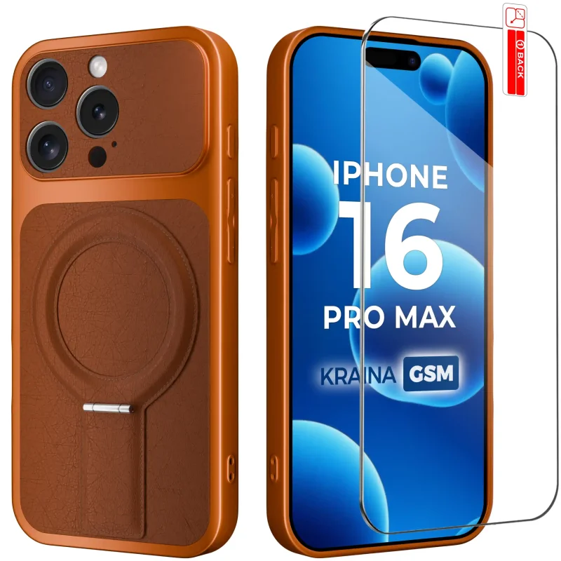 Pomarańczowe etui MagSafe do iPhone 16 Pro Max ze skórzanym wykończeniem i szkłem hartowanym 9H w zestawie