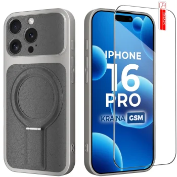 Etui do iPhone 16 Pro Magsafe skórzane szare ze szkłem