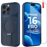 Etui do iPhone 16 Pro Magsafe skórzane granatowe ze szkłem