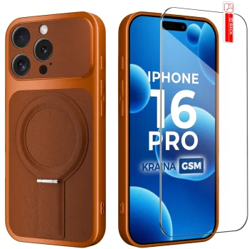 Etui do iPhone 16 Pro Magsafe skórzane pomarańczowe ze szkłem