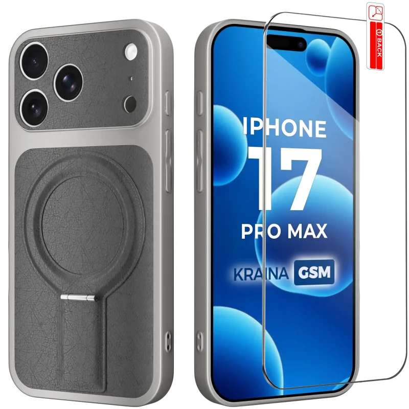 Szare etui MagSafe do iPhone 17 Pro Max ze skórzanym wykończeniem i szkłem hartowanym 9H w zestawie