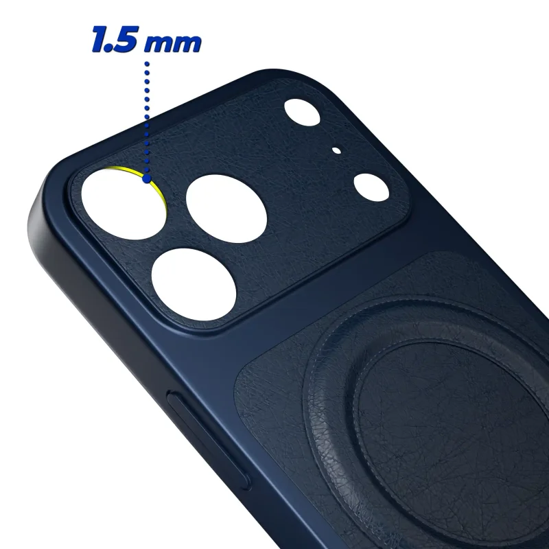 Podwyższony rant 1,5 mm wokół aparatów w granatowym etui MagSafe do iPhone 17 Pro Max