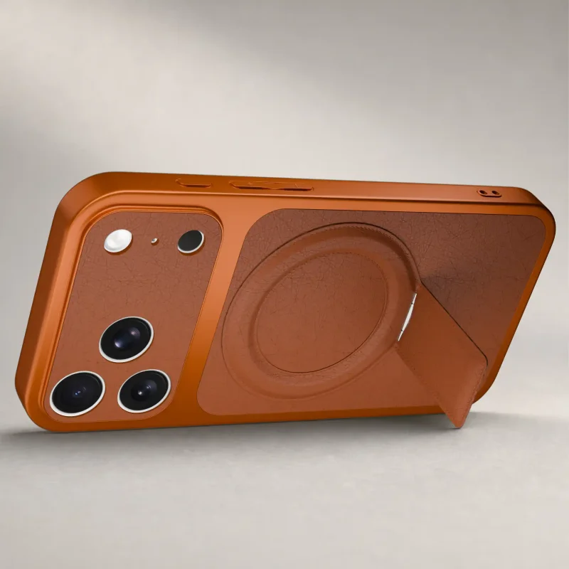 Pomarańczowe etui do iPhone 17 Pro Max ustawione poziomo dzięki składanej podpórce