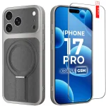 Etui do iPhone 17 Pro Magsafe skórzane szare ze szkłem