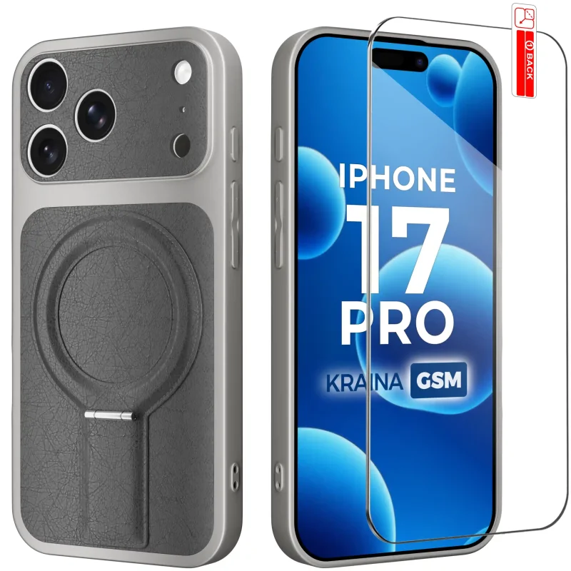 Szare etui MagSafe do iPhone 17 Pro ze skórzanym wykończeniem i szkłem hartowanym 9H w zestawie