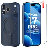 Etui do iPhone 17 Pro Magsafe skórzane granatowe ze szkłem