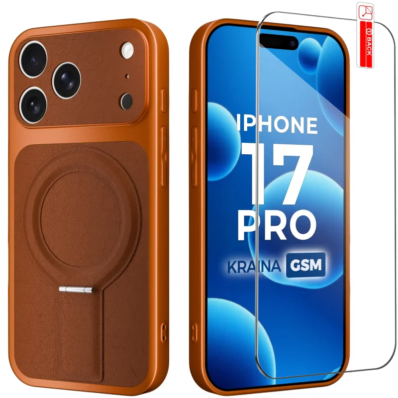Pomarańczowe etui MagSafe do iPhone 17 Pro ze skórzanym wykończeniem i szkłem hartowanym 9H w zestawie