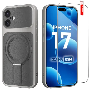 Etui do iPhone 17 Magsafe skórzane szare ze szkłem