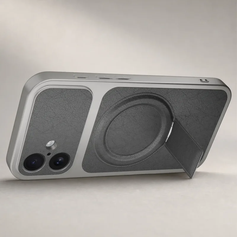 Szare etui do iPhone 17 ustawione poziomo dzięki składanej podpórce