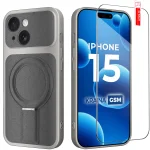 Etui do iPhone 15 Magsafe skórzane szare ze szkłem