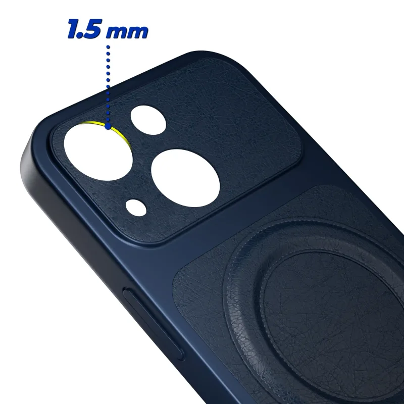 Podwyższony rant 1,5 mm wokół aparatów w granatowym etui MagSafe do iPhone 15