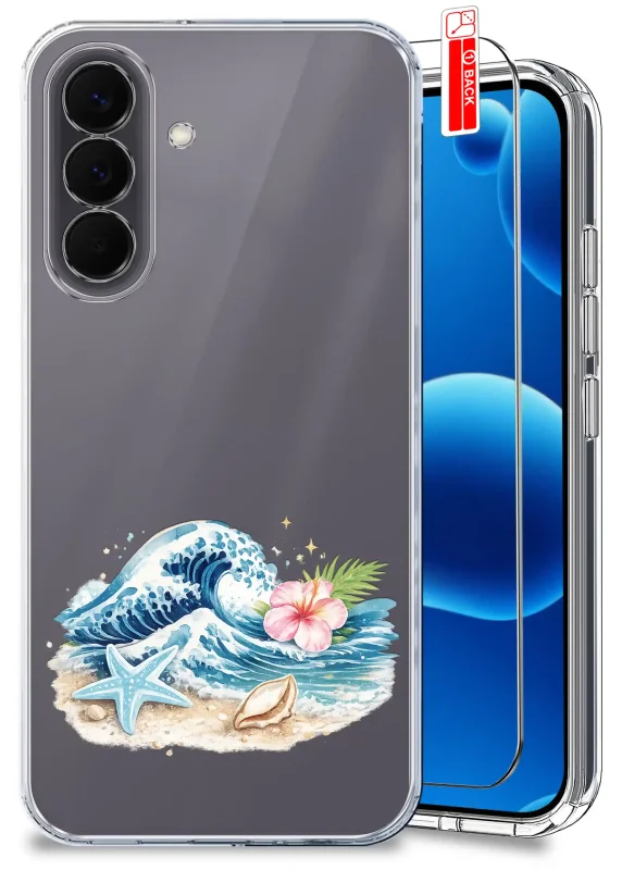 Przezroczyste etui wakacyjne do Samsung Galaxy A57 5G z nadrukiem fali, muszli, kwiatu i szkłem hartowanym w zestawie