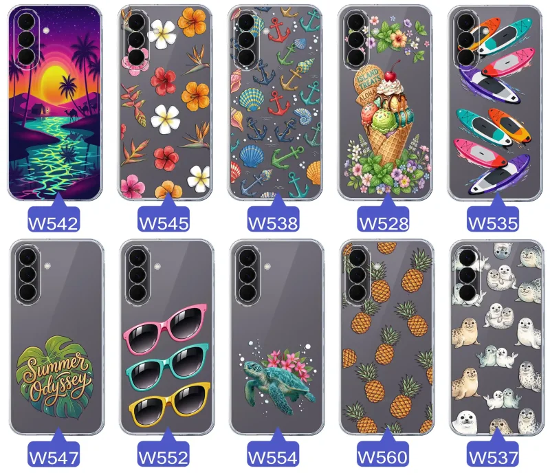 Kolekcja wakacyjnych wzorów etui do Samsung Galaxy A57 5G: palmy, kwiaty, kotwice, lody, deski surfingowe, ananasy i foki