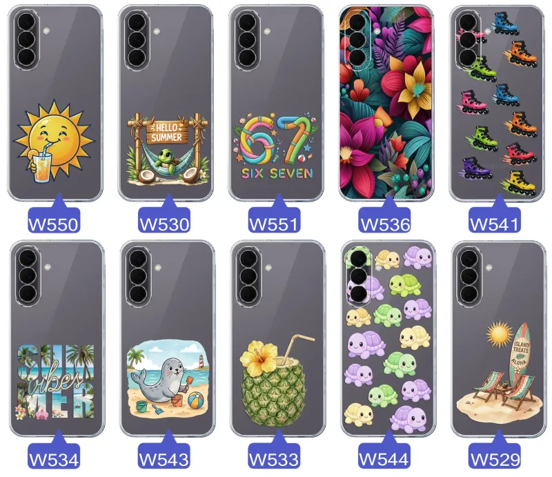 Kolekcja letnich wzorów etui do Samsung Galaxy A57 5G z motywami słońca, żółwia, six seven, tropikalnych kwiatów, rolek, plaży i kokosa
