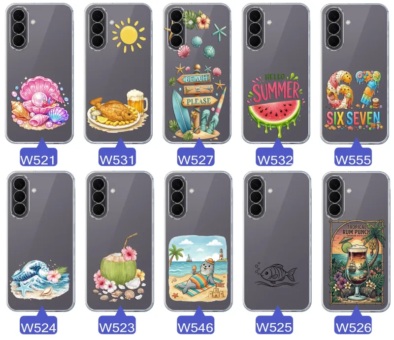 Różne wzory etui wakacyjnych do Samsung Galaxy A57 5G z grafikami muszelek, ryby, plaży, arbuza, lodów, foki, kokosa i tropikalnego drinka