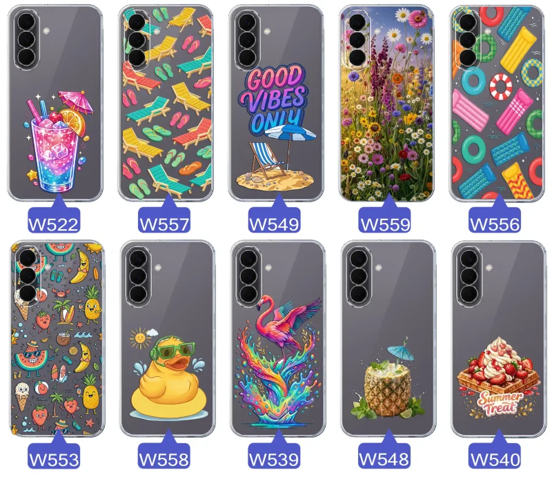 Zestaw przezroczystych etui do Samsung Galaxy A57 5G z wakacyjnymi motywami drinka, leżaków, napisu good vibes, kwiatów, flaminga, ananasa i deseru